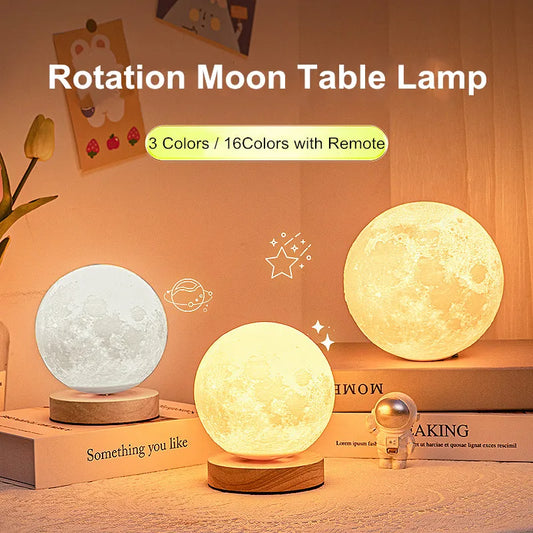 Creative 3D Moon Night Lamp 360° Rotating Lunar Nightligh for Home Office Room Remote Control 3 Colors Led Desktop Lamp